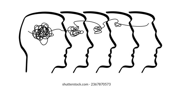 Cartoon brainstorming and mental problem solving, psychotherapy Concept. Complete and total confusion or lack of order. Brains with tangled knot and order in one man's head. Scribbles. Chaos path.