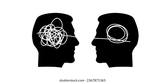 Cartoon brainstorming and mental problem solving, psychotherapy Concept. Complete and total confusion or lack of order. Brains with tangled knot and order in one man's head. Scribbles. Chaos path.