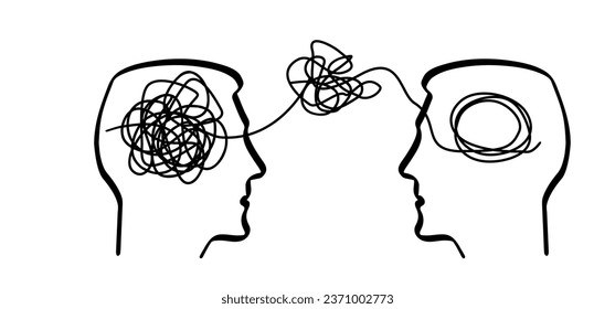 Cartoon brainstorming and mental problem solving, psychotherapy Concept. Complete and total confusion or lack of order. Brains with tangled knot and order in one man's head. Scribbles. Chaos path.