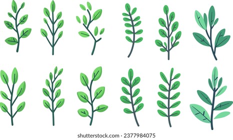 Cartoon branch with Green Leaves on Transparent Background, Flat Vector Illustration