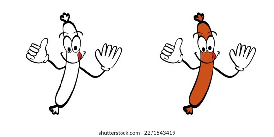 Cartoon bratwurst, hot dog, sausage on fork. Fast food icon. Sausages logo. Barbecuing, bbq snacks symbol. Junk foods. Yummy smile with tongue lick or licking, laugh symbol. mascot or mascots idea.