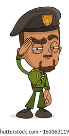 Cartoon brave army soldier man in green uniform with medal and golden star character. Layered EPS ready for animations. Isolated on white background. Vector icon.