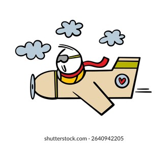 Cartoon brave pilot is flying in the clouds on an antique airplane. Vector illustration of air transport in the sky. Isolated funny character on white background.