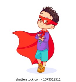 Cartoon brave Super boy stands in a confident pose, arms crossed over his chest. Little boy in Super hero costume, mask on his face, developing red cloak. Colorful vector isolated kids illustration.