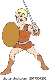 Cartoon Brave Warrior Gladiator Character Mascot with Shield and Sword Isolated Vector