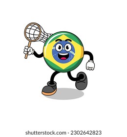 Cartoon of brazil flag catching a butterfly , character design