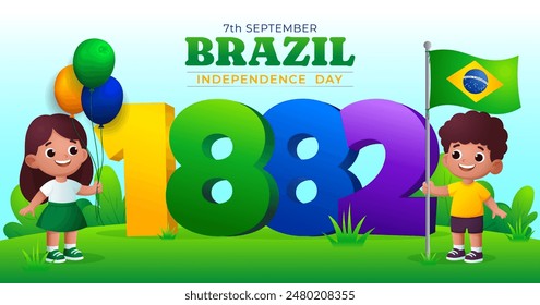 Cartoon Brazil Independence Day banner, 7th september celebration with brazilian cartoon kids Translation: order and progress