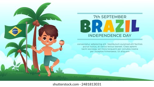 Cartoon Brazil Independence Day Banner, 7th september  celebration kids with flag and tropical plants Translation: order and progress