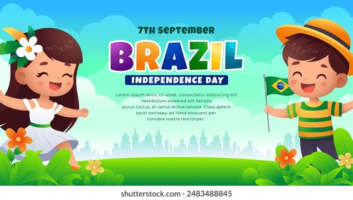 Cartoon Brazil Independence Day Banner, 7th september  celebration kids with flag and tropical landscape Translation: order and progress