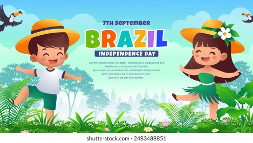 Cartoon Brazil Independence Day Banner, 7th september  celebration kids with flying toucan bird and tropical plants 