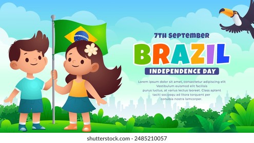 Cartoon Brazil Independence Day banner, 7th september celebration with brazilian cartoon kids Translation: order and progress