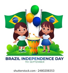 Cartoon Brazil Independence Day sign, 7th september  celebration kids with brazil flag and balloon Translation: order and progress