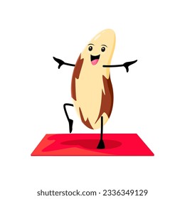 Cartoon brazil nut funny character yoga or pilates fitness sport. Vector cute seed sportsman standing on mat in yogi pose. Comic kernel personage at stretching class, health care and yoga practice