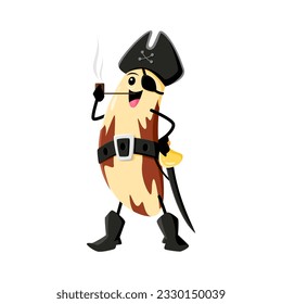 Cartoon brazil nut pirate dressed in captain attire, hat and eye patch smoking pipe, exuding an air of adventure and danger. Isolated vector tropical seed filibuster personage, healthy protein snack