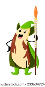 Cartoon brazil nut nut wizard character. Isolated vector comic joyous witchcraft whole peeled brazilian kernel Halloween personage in green cape and pointy hat. Funny wiz grasp on enchanted staff