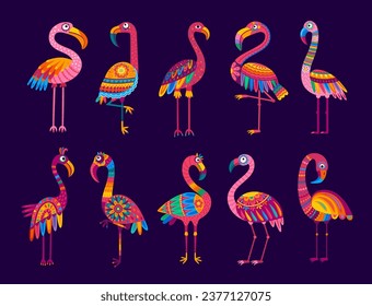 Cartoon brazilian flamingo birds. Isolated vector set of vibrant tropical creatures in a playful and animated alebrije style, showcasing their elegant long legs and unique vibrant ornate plumage