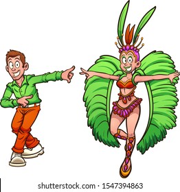 Cartoon Brazilian male and female carnival passistas in costume clip art. Vector illustration with simple gradients. Each on a separate layer. 
