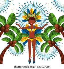 cartoon brazilian woman dancer around palms over white background. brazil culture concept. colorful design. vector illustration