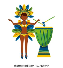 cartoon brazilian woman dancer and  drum instrument icon over white background. brazil culture concept. colorful design. vector illustration