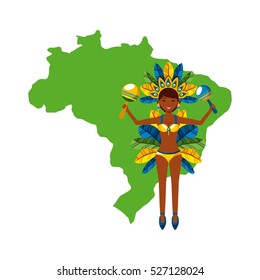 cartoon brazilian woman dancer icon over green country map and white  background. brazil culture concept. colorful design. vector illustration