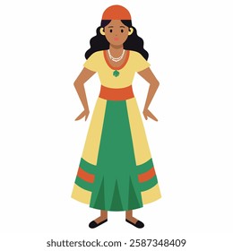 a cartoon brazilian woman in traditional clothing. Latin American culture.Suitable for children's books, sticker,t shirt design, mascot, logo. Isolated on white background. Front view. Vector 