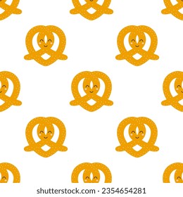 cartoon bread and bakery characters seamless pattern, vector funny pretzel on white background