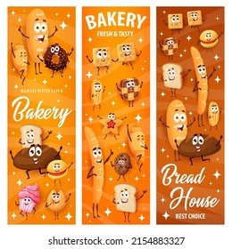 Cartoon bread, bakery and confectionery characters. Vector banners with funny pastry fortune cookie, donut, cracker, chocolate croissant or cupcake, shortbread, baguette and loaf, toast or star