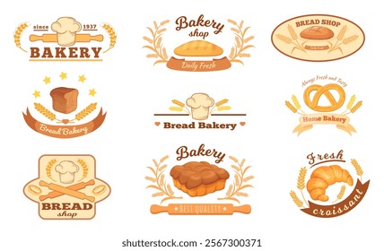 Cartoon bread bakery logo. Baker shop emblem icons, pastry food products with wheat cereal ears signs symbols for banner cook baking kitchen signboards set neat vector illustration original artwork