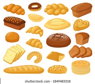 Cartoon bread. Bakery products, roll baguette, bread loaf and toast, sweet donut, cake and croissant. Pastry wheat products vector illustrations. Whole grain and wheat bread and buns for shop