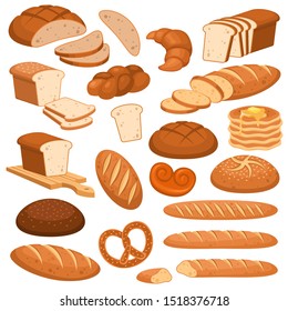 Cartoon bread. Bakery rye products, wheat and whole grain sliced bread. French baguette, croissant and bagel, toast vector menu loaf cereals variety buns pastry design