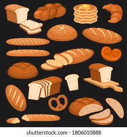 Cartoon bread. Bakery rye products, wheat and whole grain and sliced. French baguette, croissant and bagel, toast cereals variety buns pastry design vector set isolated on black background for menus