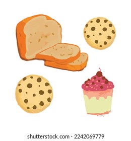 Cartoon bread. Bakery rye products, wheat and whole grain sliced bread. cookies, cupcake and toast vector menu loaf cereals variety buns pastry design
