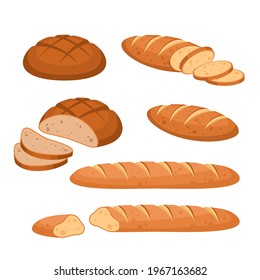Cartoon bread. Bakery wheat products. Rye breads, baguette and ciabatta. Whole and sliced french baguette and loaf, pastry collection, assortment for menus. Vector set isolated on black