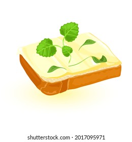 Cartoon bread and butter. Vector sandwich with yummy butter or spread. Delicious morning breakfast, dinner or lunch with tasty crispy toast isolated on white