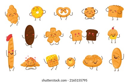 Juego de caricaturas de los personajes del pan. Feliz pastelería, panadería, croissant, muffin, donut, pretzel y mascotas de baguette con diferentes expresiones faciales. Ilustración del vector