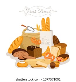 Cartoon, bread flour and pastries. French baguette and breakfast croissant, bakery snacks and chocolate cake, pastry pretzel, buns and loaf rye sliced breads vector illustration