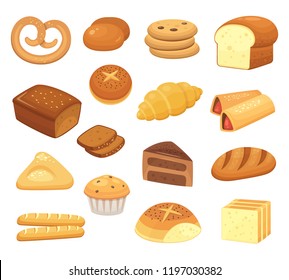 Cartoon Bread Icon. Breads And Rolls. French Roll Baguette, Breakfast Toast And Sweet Cake Slice, Loaf And Toast. Bakery Pastry Bread Wheat Products. Food Vector Isolated Icons Set