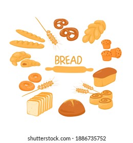 Iconos de pan de dibujos animados colocados sobre un fondo blanco. Pan de centeno y trigo fresco y humeante, croissant, pretzel, muffin, bagel, rollo, pan tostado, baguette.