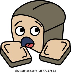 A cartoon bread loaf with a mouth open and tongue sticking out