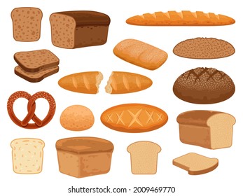 Cartoon bread products. Toast slice, baked french baguette, wheat and whole grain loaf, pretzel and ciabatta. Fresh bakery pastry vector set. Illustration bread and bakery, baguette for breakfast