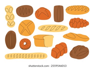 Cartoon bread set. Fresh bakery products, sliced loaf baguette ciabatta sourdough rye bagel bun, healthy organic pastry food. Vector flat collection.