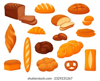 Cartoon bread set. Isolated ciabatta, buns and breads loaf. Snack pretzels, croissant, baguette and cake pastry. Nowaday bakery vector clipart