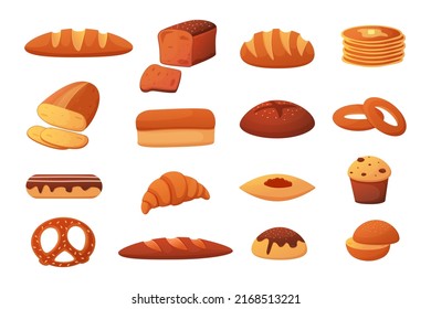 Cartoon bread. Slice of whole food, french baguette, fresh croissant and cupcake, toasts and bagels, sweet cakes and pretzel. Breakfast pastry, isolated elements for bakery. Vector set