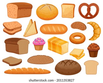 Cartoon bread. Sweet pastry bun, cupcake, croissant and donut. Grain loaf, toast slice, bagel, french baguette and bakery vector set. Illustration croissant bakery and baguette, bread and cupcake