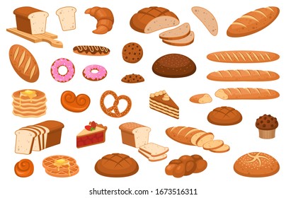 Cartoon bread. Various sweet breads and slices of bake roll or pastry, bakery product vector isolated cartoon set