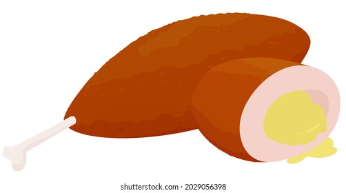 Cartoon breaded chicken kiev cutlets half and whole isolated on white background. Traditional food illustration.