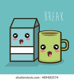 cartoon break milk box and mug coffee design