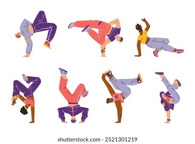 Cartoon breakdancer in action vector set. Break dancers dynamic poses. Teenager dancers hip hop culture performance. Cool boy and girl dancing street dance. Urban freestyle trend, music sport activity