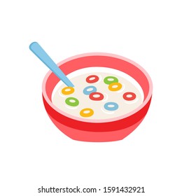 Cartoon breakfast bowl with cereal or corn rings isolated on white background. Color vector illustration of crunchy rings flakes in pink plate with spoon use for label and menu cafe.