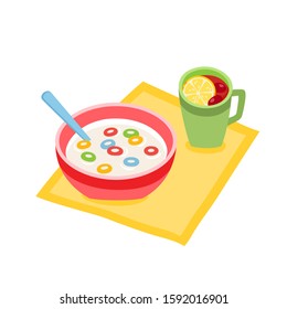 Cartoon breakfast bowl with cereal or corn rings and berry tea isolated on white background. Color vector illustration of crunchy rings flakes in pink plate with spoon use for label and menu cafe.